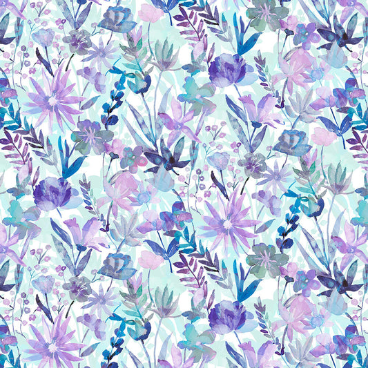 Whispering Gardens - Watercolor Blue/Violet Floral 2743 mm Wideback for patchwork, quilting and sewing