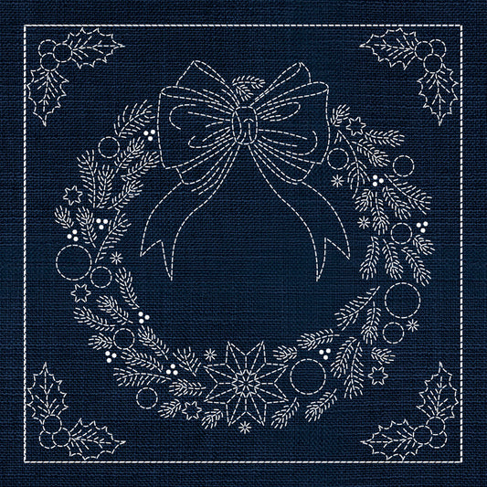 Sashiko Australia Christmas Wreath INDIGO , piecing and stitching