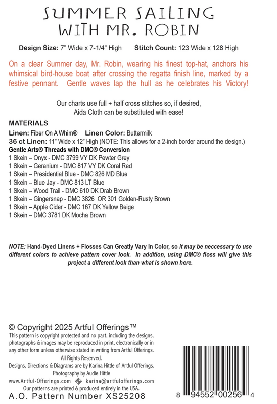 Summer Sailing With Mr. Robin Cross Stitch Pattern , quilting and craft projects