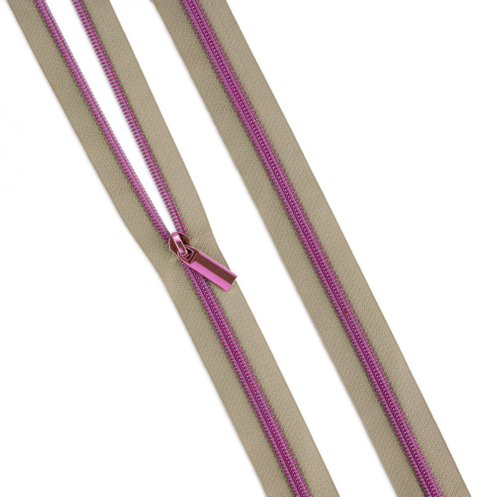 Beige #5 Nylon Tula Pink Coil Zipper 3yds and 9 Pulls for bag making and sewing projects