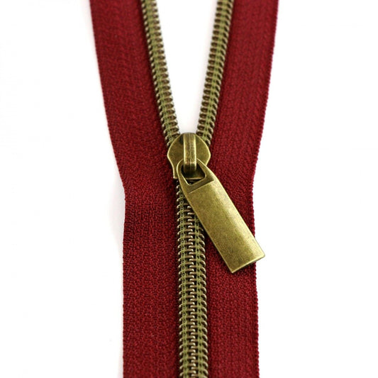 Zippers By The Yard Burgundy Tape Antique Gold #5 for bag making and sewing projects