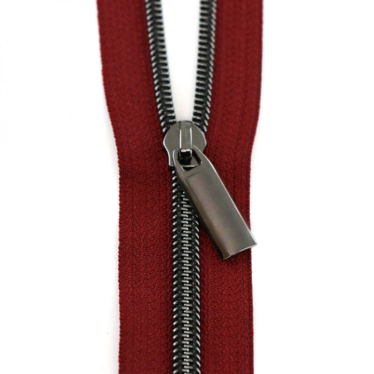 Zippers By The Yard Burgundy Tape Antique Gold #5 for bag making and sewing projects