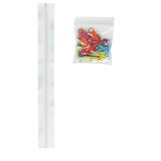 Zipper by the Yard - By Annie - WHITE 16 MULTI COLOURED PULLS for bag making and sewing projects