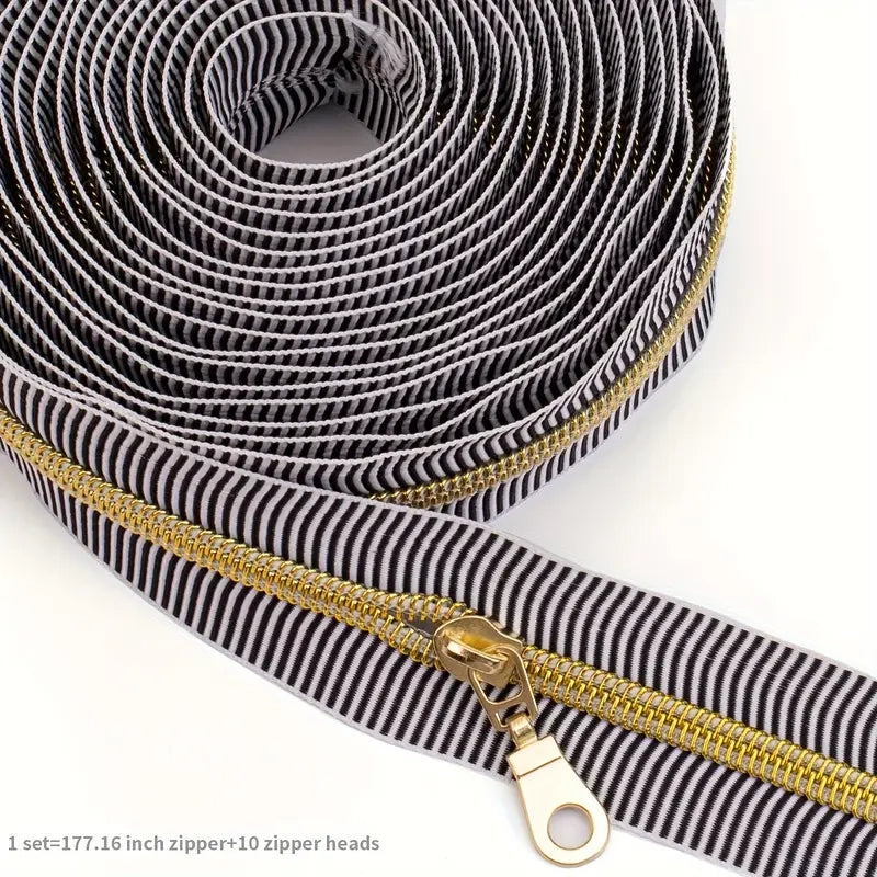 Zipper Black & White Stripe - Gold for bag making and sewing projects