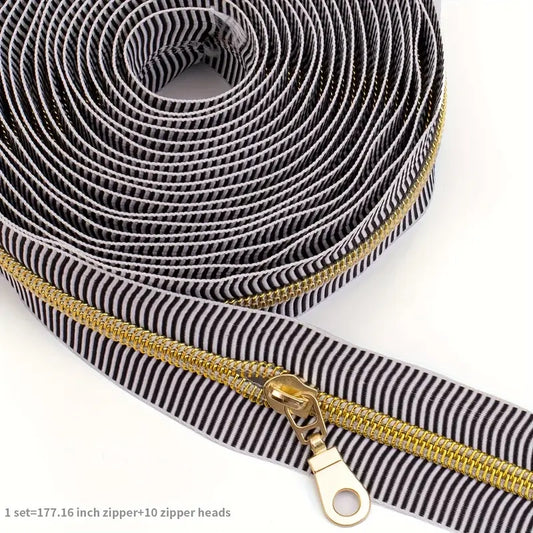 Zipper Black & White Stripe - Gold for bag making and sewing projects