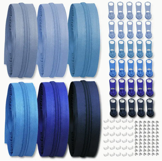 Zipper 6 Blue Shades x 3.66 metres for bag making and sewing projects