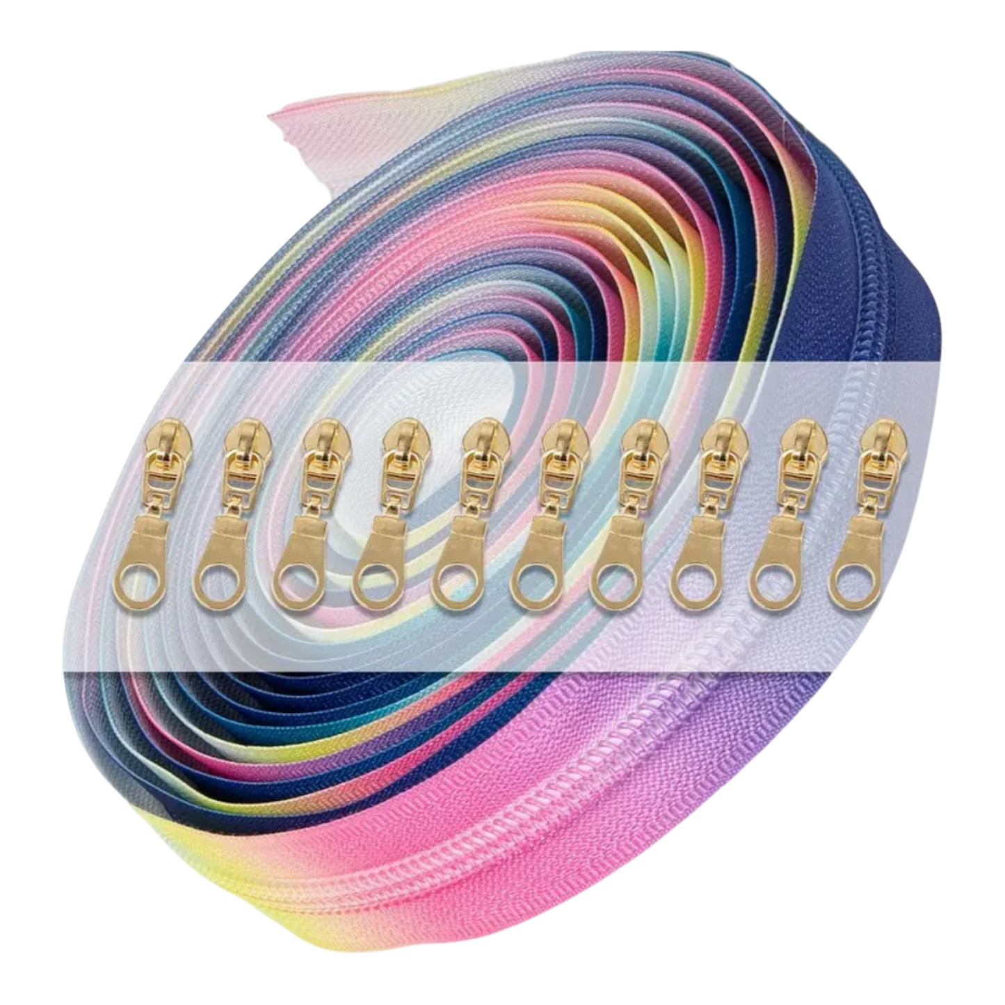 Rainbow Zipper 4.5 m with 10 Gold Pulls for bag making and sewing projects