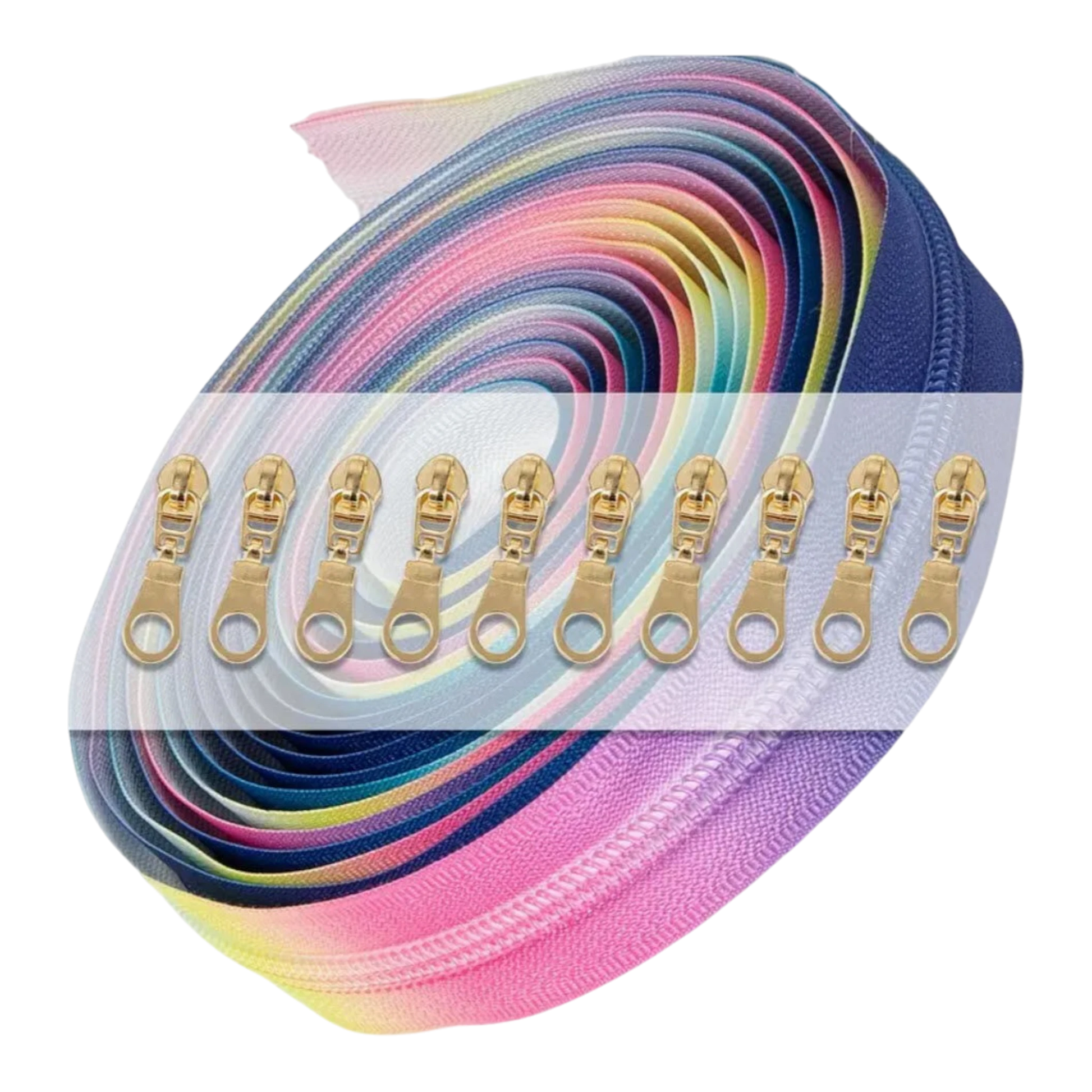 Rainbow Zipper 4.5 m with 10 Gold Pulls for bag making and sewing projects