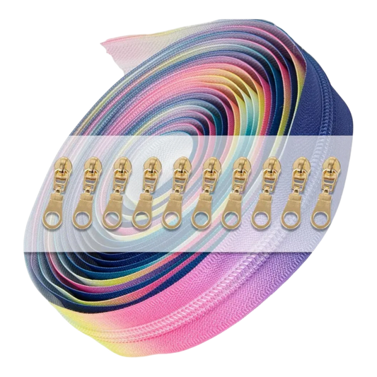 Rainbow Zipper 4.5 m with 10 Gold Pulls for bag making and sewing projects