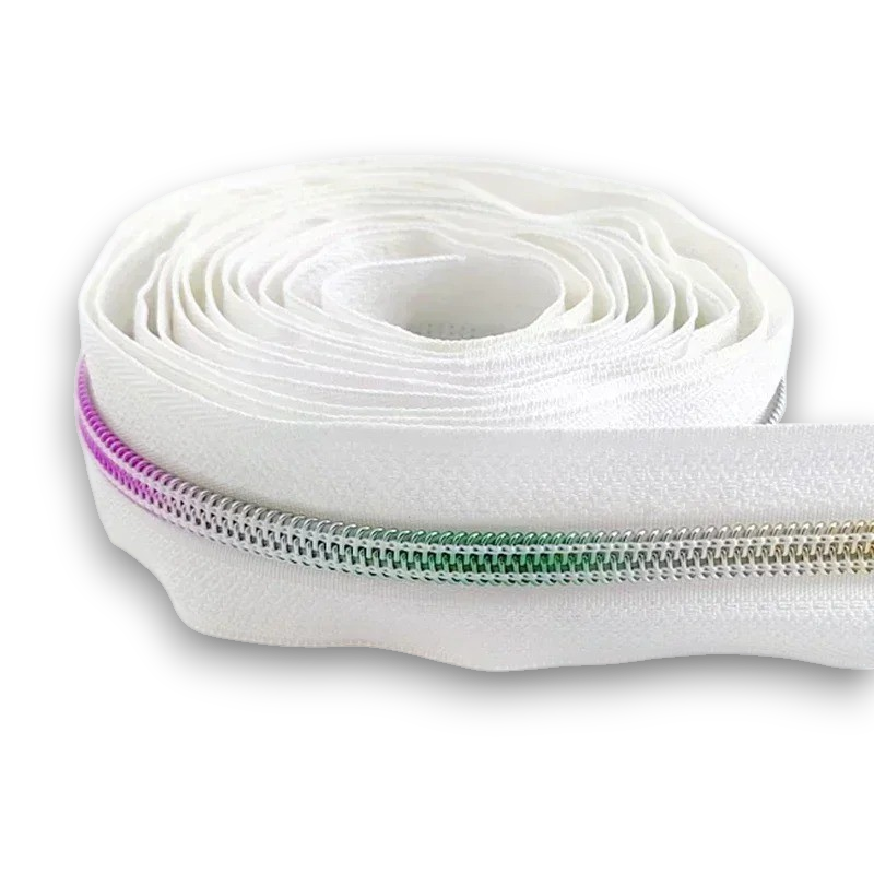 White Zipper Tape #5 Nylon - Rainbow Teeth for bag making and sewing projects