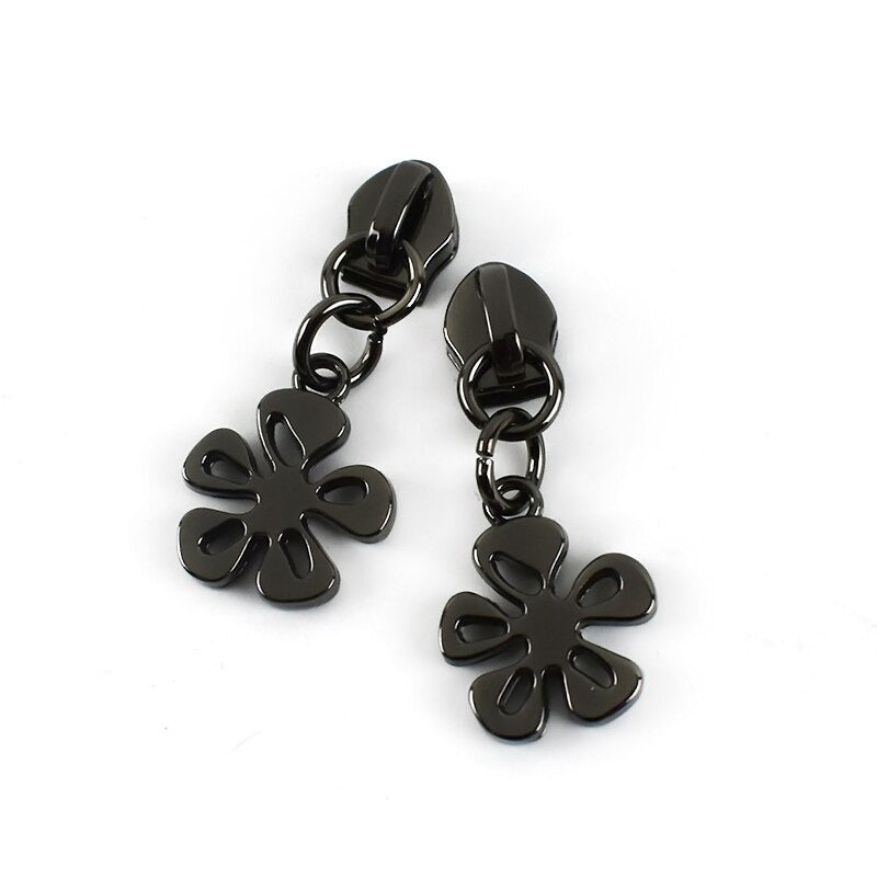 Zipper Pulls #5 with Flower Shape - Gun Metal for bag making and sewing projects