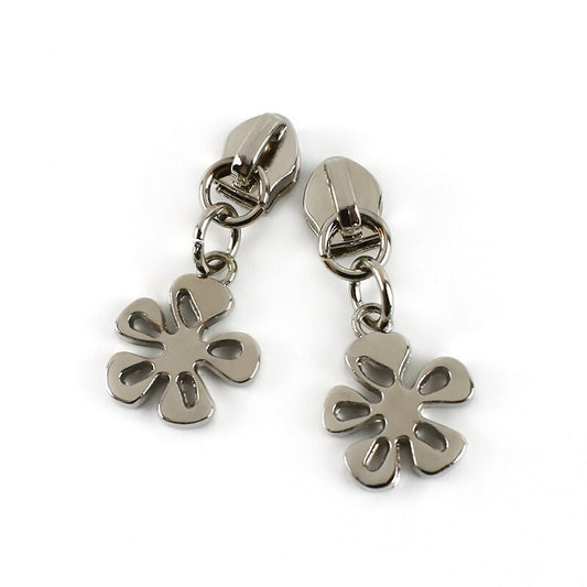 Zipper Pulls #5 with Flower Shape - Nickel for bag making and sewing projects