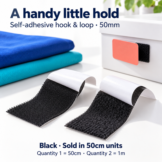 Black 50mm self-adhesive hook and loop tape showing the two matching tapes and peel-away backing, with a contemporary storage example. Sold in 50cm units: quantity 1 is 50cm and quantity 2 is 1 metre.