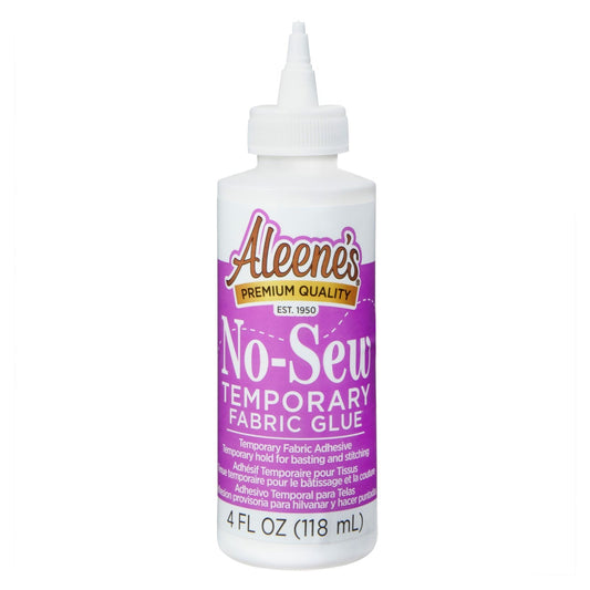 Aleene’s No-Sew Temporary Fabric Glue 118mL bottle with current purple and white label