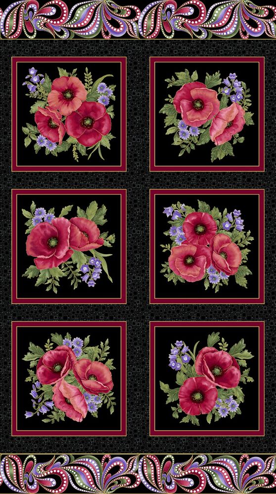 Amazing Poppies On Point 6-Block Panel – Black/Multi w/ Metallic - Everything Fabric
