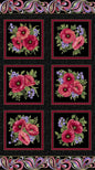Amazing Poppies On Point 6-Block Panel – Black/Multi w/ Metallic - Everything Fabric