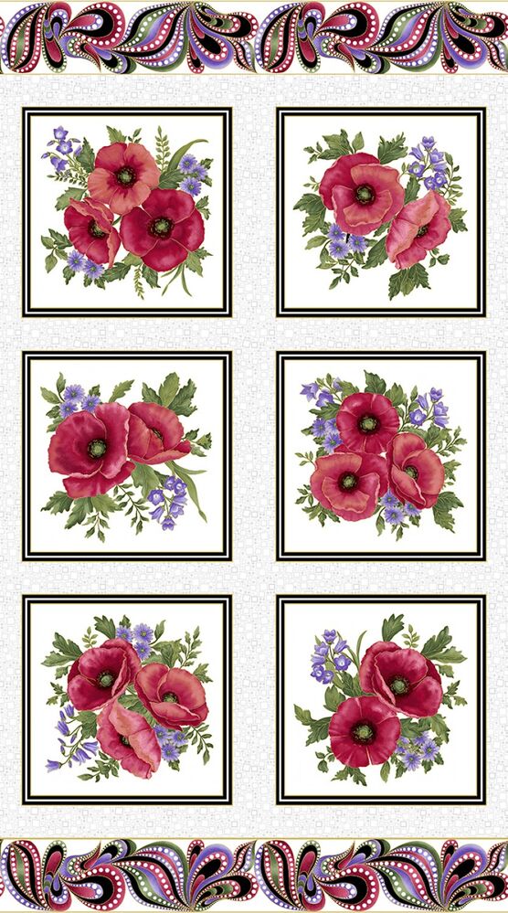 Amazing Poppies On Point 6-Block Panel – White/Multi w/ Metallic - Everything Fabric