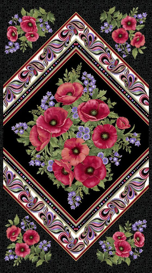 Amazing Poppies On Point Panel – Black/Multi with Metallic - Everything Fabric