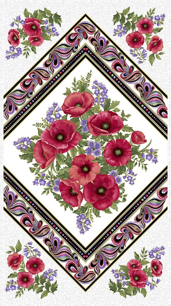 Amazing Poppies On Point Panel - White/Multi w/Metallic - Everything Fabric