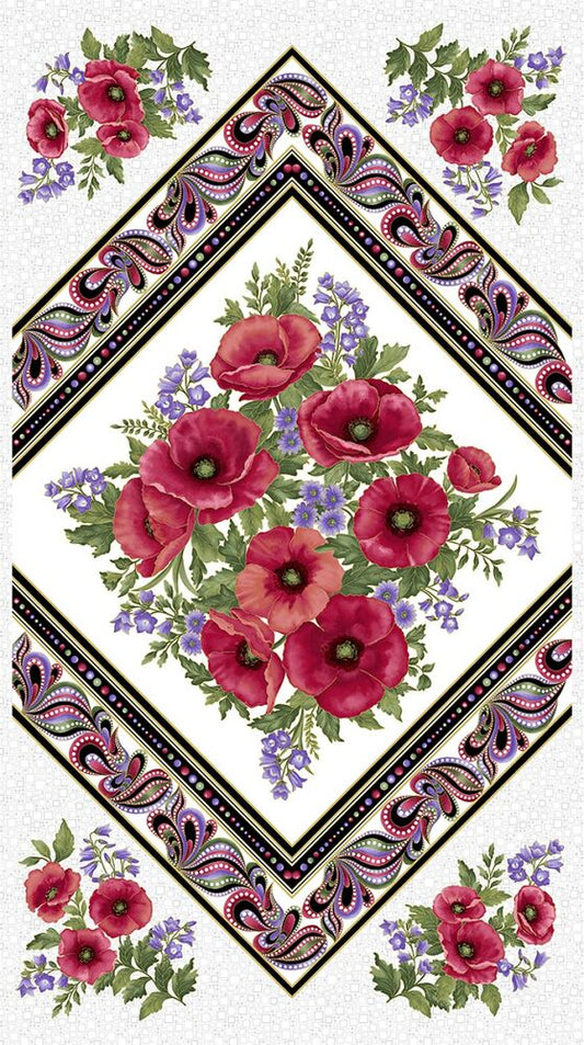 Amazing Poppies On Point Panel - White/Multi w/Metallic - Everything Fabric