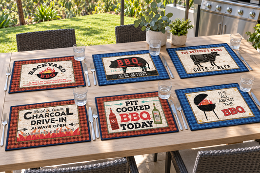 Styled project illustration of all six Backyard BBQ panel designs made into bound placemats on an Australian outdoor barbecue table. Fabric panel sold separately from finishing supplies.