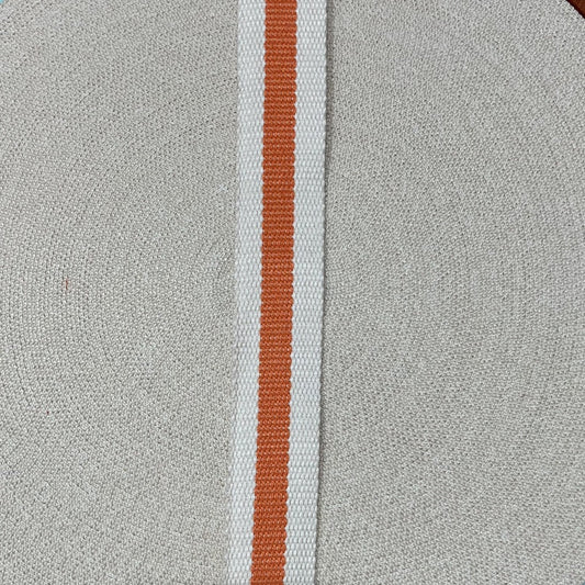 Belting 32 mm wide - Off White with Orange Centre Stripe - Everything Fabric
