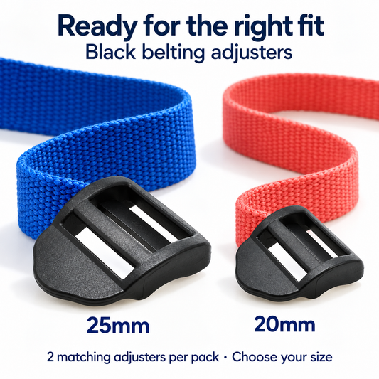 Black belting adjusters in 25mm and 20mm size choices. Two matching adjusters per pack; choose size. Webbing shown for inspiration.