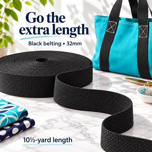 Black 32mm woven belting, supplied as a 10.5-yard length, styled beside a turquoise tote with black handles.