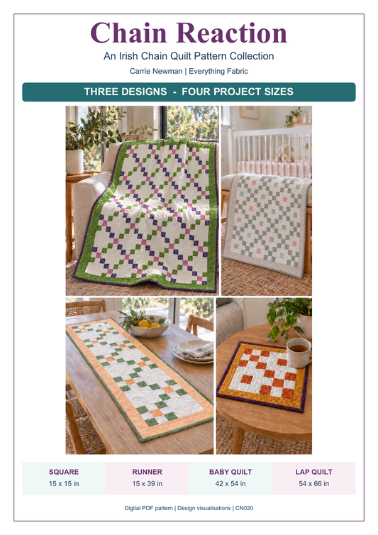 Chain Reaction Irish Chain pattern collection by Carrie Newman – three designs and four project sizes: square, runner, baby quilt and lap quilt