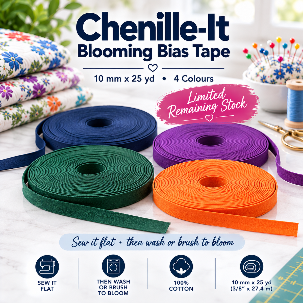 Chenille-It Blooming Bias Tape 10 mm x 25yd | 4 Colours