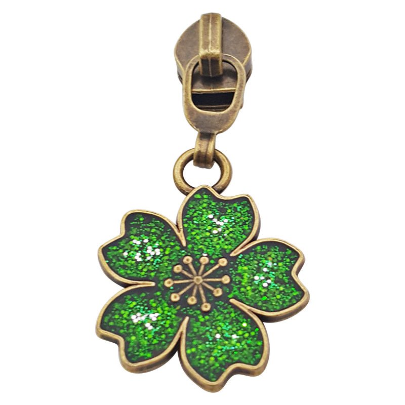 Cherry Blossom Zipper Pull Emerald Green 5 Antique Gold | Decorative Zipper Hardware - Everything Fabric