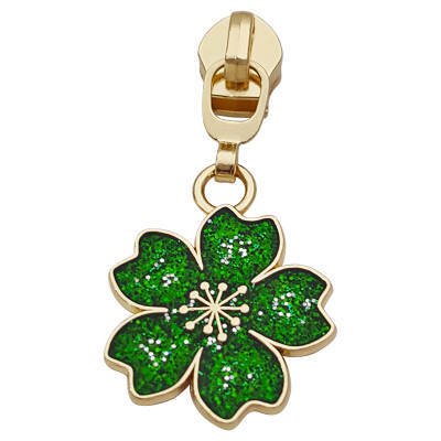 Cherry Blossom Zipper Pull Emerald Green 5 Gold | Decorative Zipper Hardware - Everything Fabric