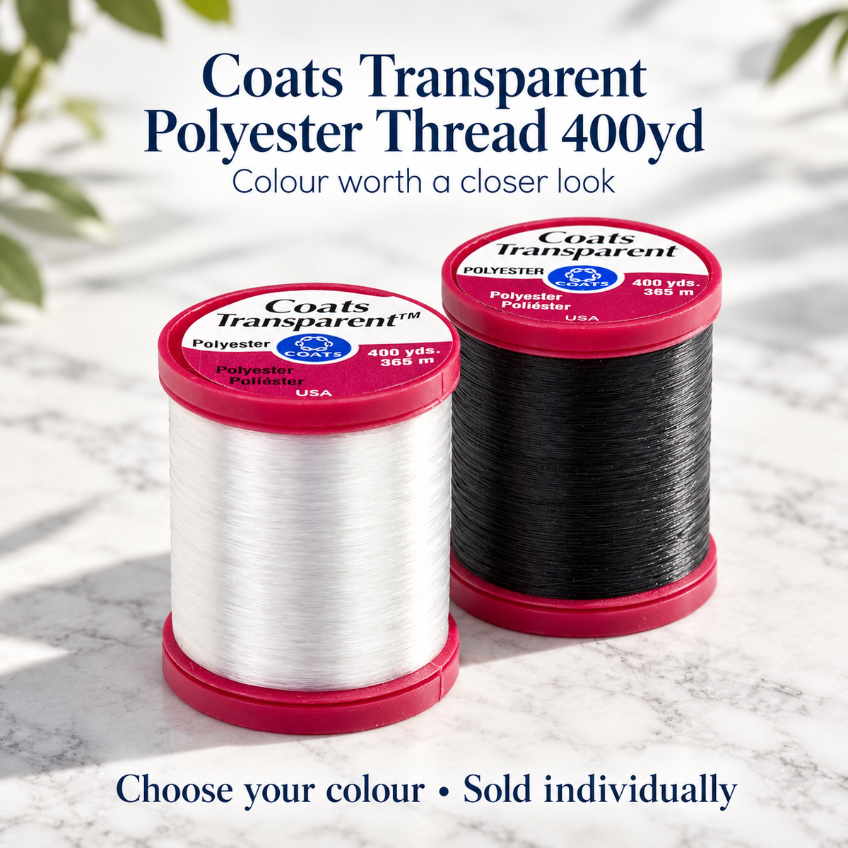 Coats Transparent Polyester Thread 400yd | Clear & Smoke – representative colour choices