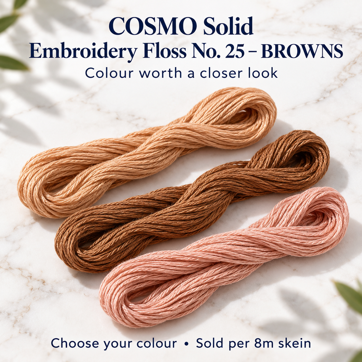 COSMO Solid Embroidery Floss No. 25 – BROWNS – representative colour choices