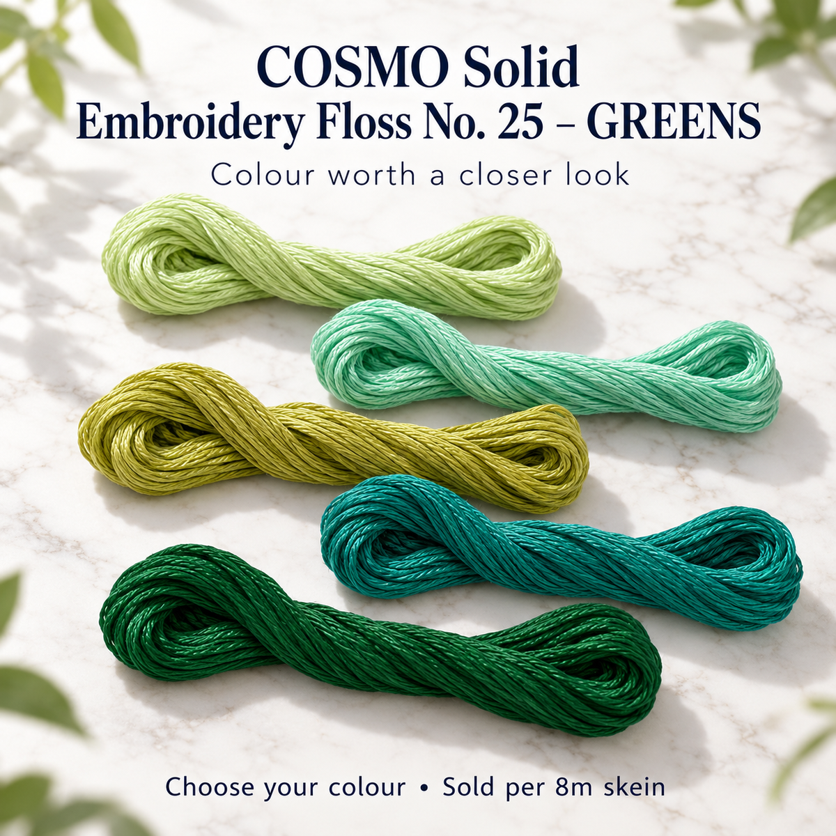 COSMO Solid Embroidery Floss No. 25 – GREENS – representative colour choices
