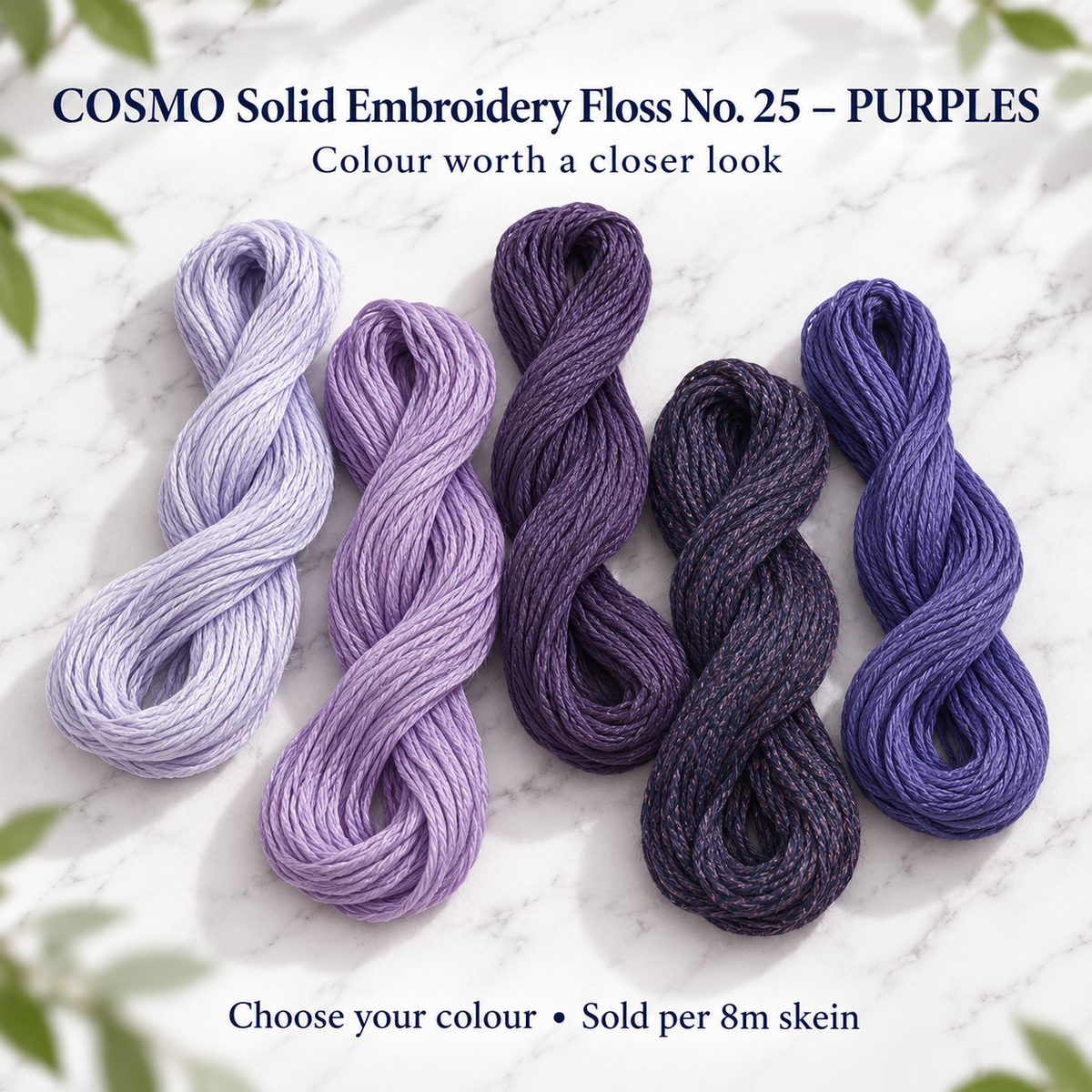 COSMO Solid Embroidery Floss No. 25 – PURPLES – representative colour choices
