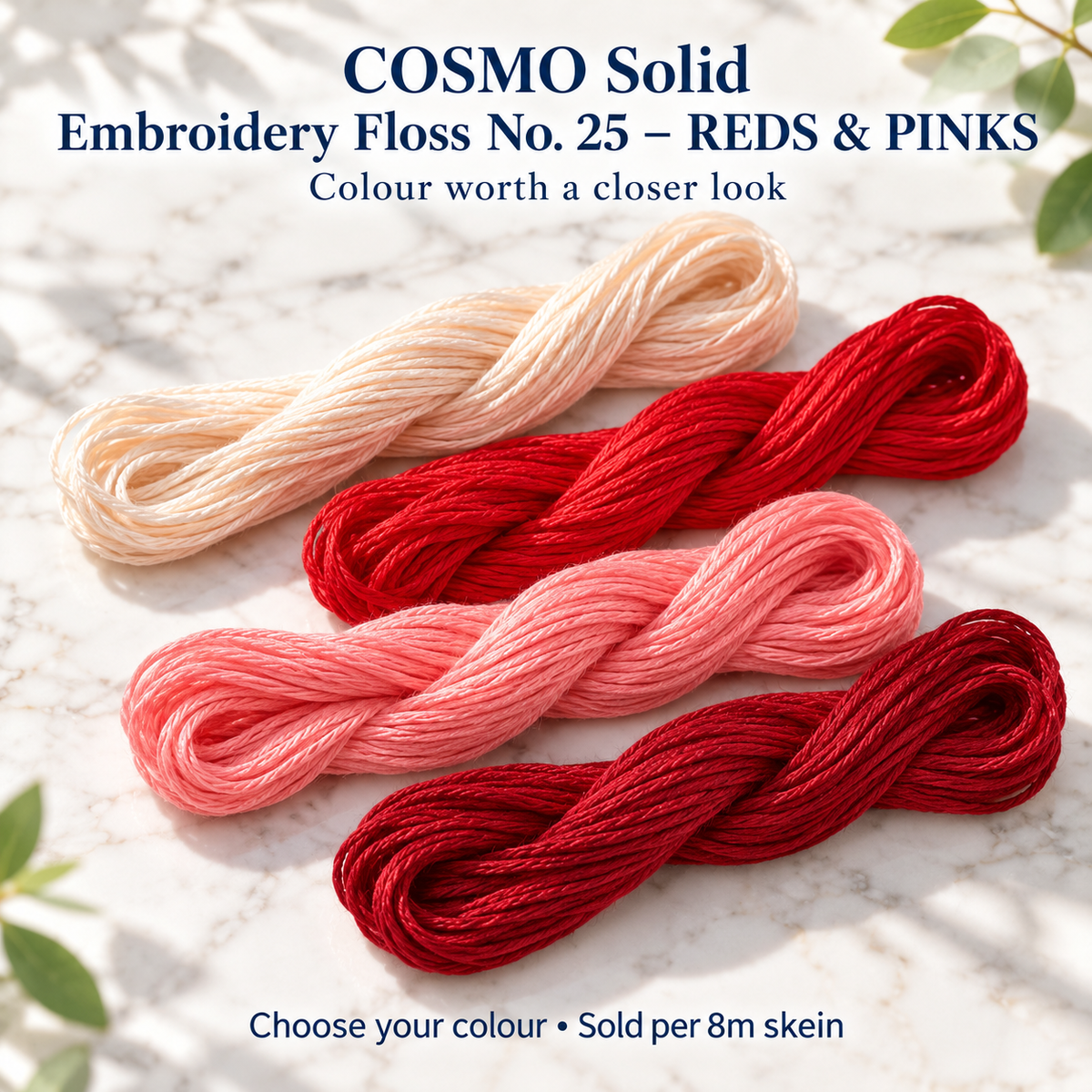 COSMO Solid Embroidery Floss No. 25 – REDS & PINKS – representative colour choices