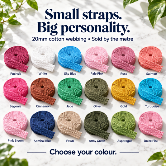 20mm cotton woven webbing in eighteen labelled colours, sold by the metre. Choose your colour.
