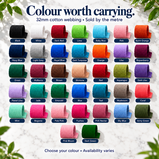 32mm woven cotton-feel webbing in all 37 current solid colour options. Sold by the metre. Cream, Violet, Hot Pink and Purple are no longer part of this range.
