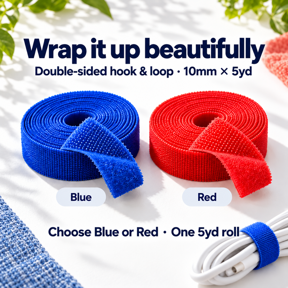 Double-sided 10mm hook and loop tape in Blue and Red, sold as individual five-yard rolls. Both colour choices shown.