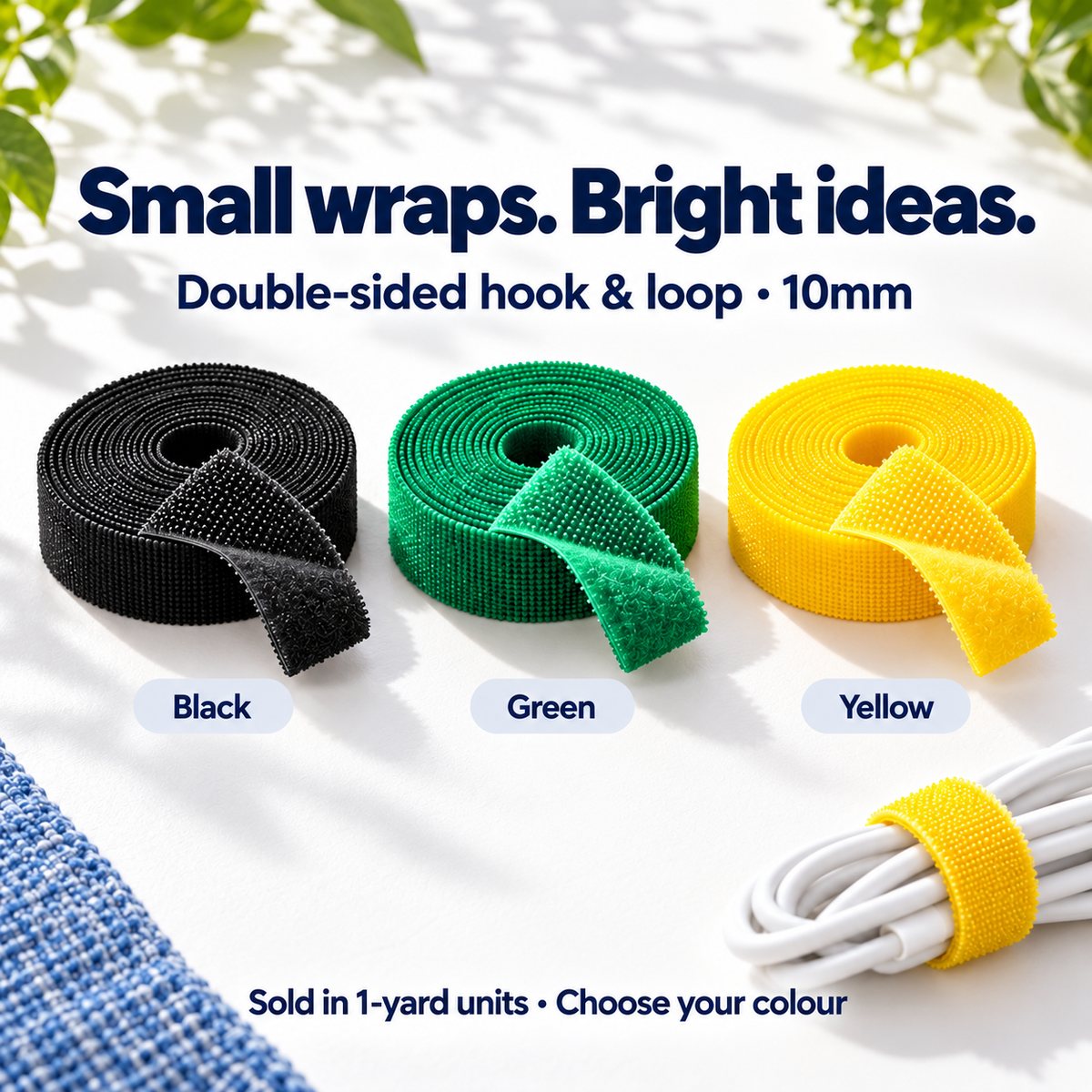 Double-sided 10mm hook and loop tape in Black, Green and Yellow, sold in one-yard units. All three colour choices shown.