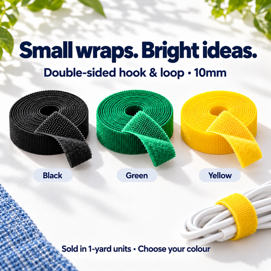 Double-sided 10mm hook and loop tape in Black, Green and Yellow, sold in one-yard units. All three colour choices shown.