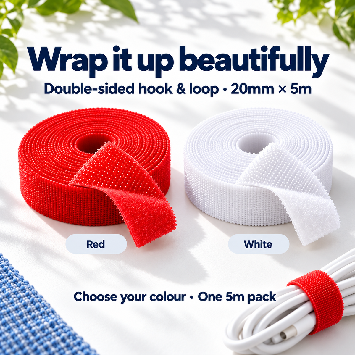 Double-sided 20mm hook and loop tape in Red and White, sold as individual 5m packs. Both colour choices shown.