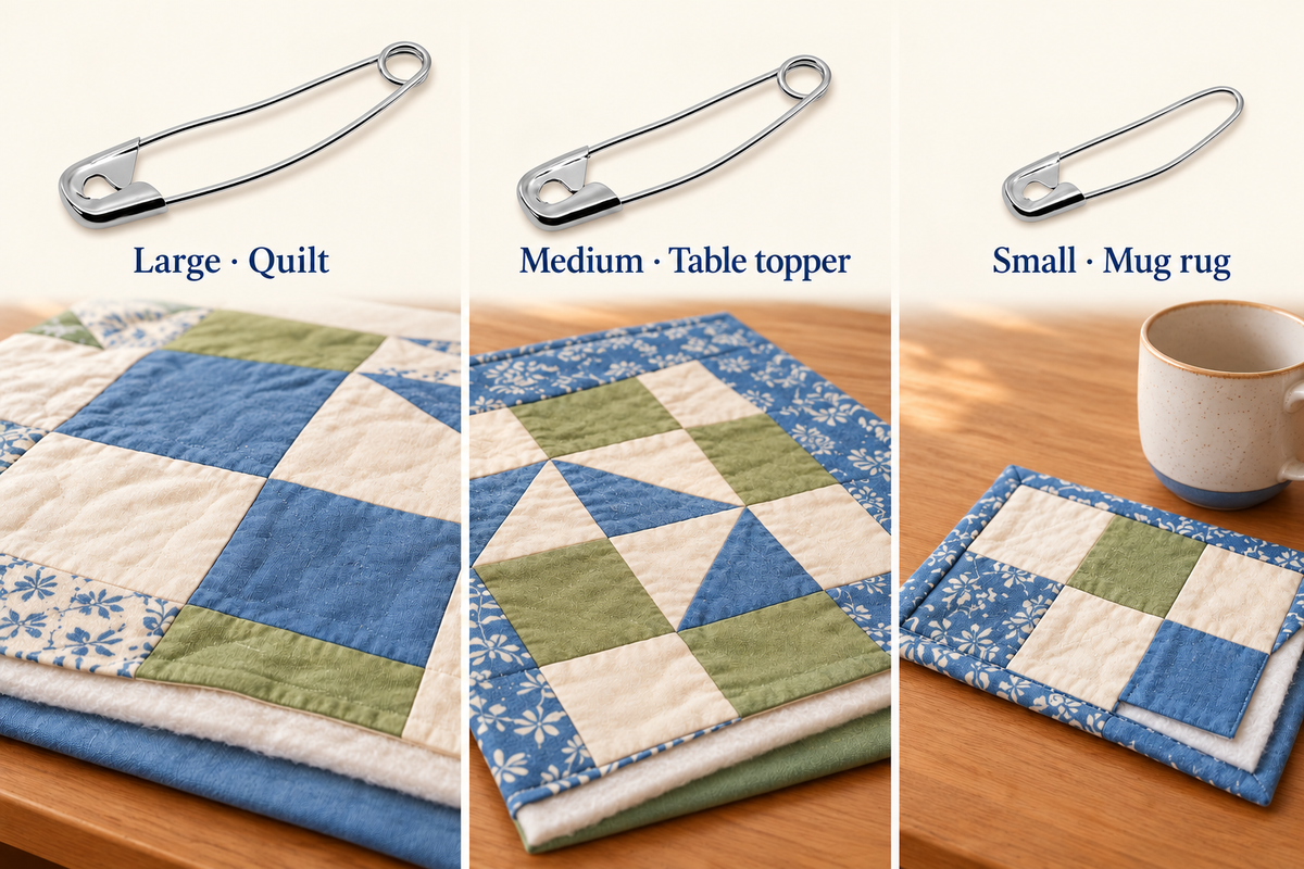 Illustrative project ideas for the Dritz pin sizes: large for quilts, medium for table toppers, small for mug rugs. Projects and fabrics not included.