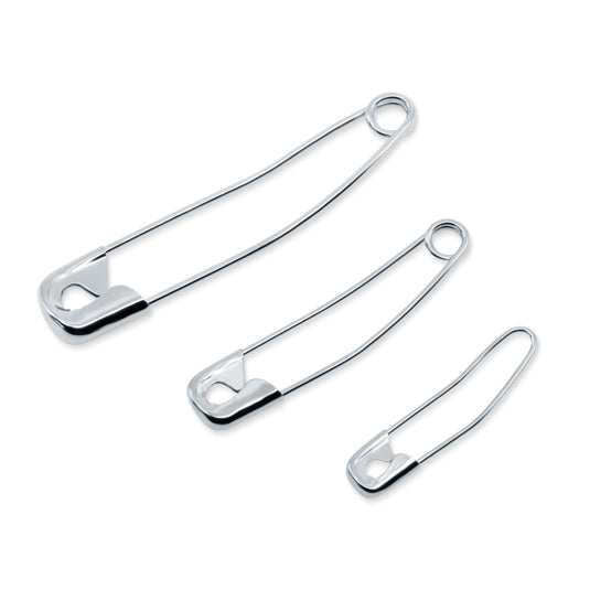 Dritz 3328 pin size comparison: large size 3 and medium size 2 curved safety pins, and small size 1 coil-less pin