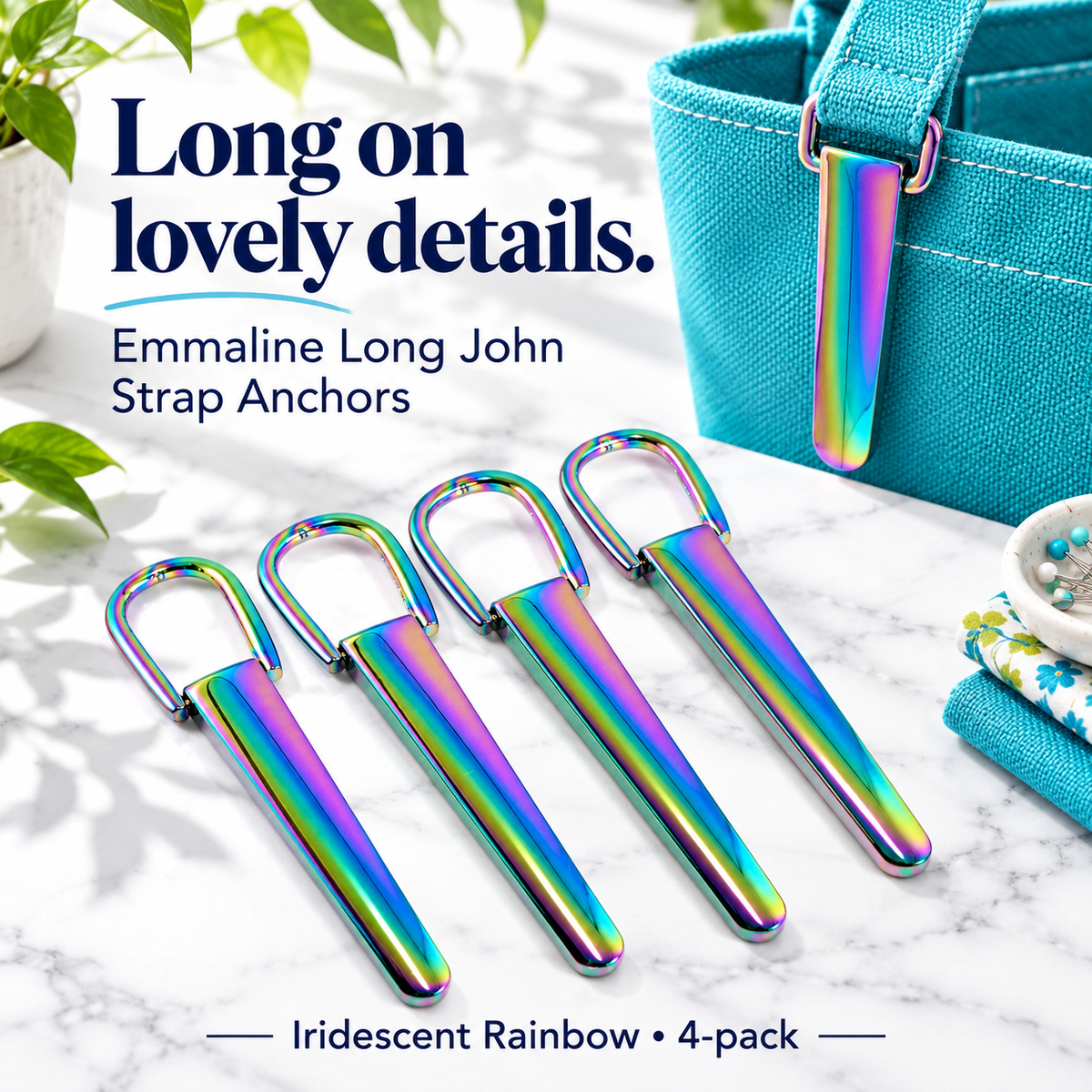 Four Emmaline Long John strap anchors in Iridescent Rainbow, with an installed anchor shown on a turquoise bag as a styling example.