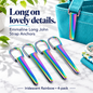 Four Emmaline Long John strap anchors in Iridescent Rainbow, with an installed anchor shown on a turquoise bag as a styling example.