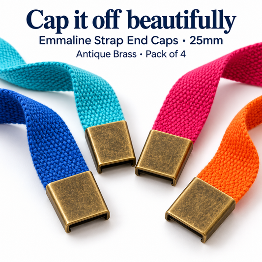 Emmaline rectangular strap end caps, 25mm, antique brass, pack of four, on colourful webbing.
