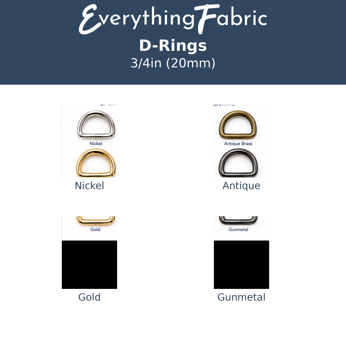 Everything Fabric D-Rings 3/4in 20mm colour options