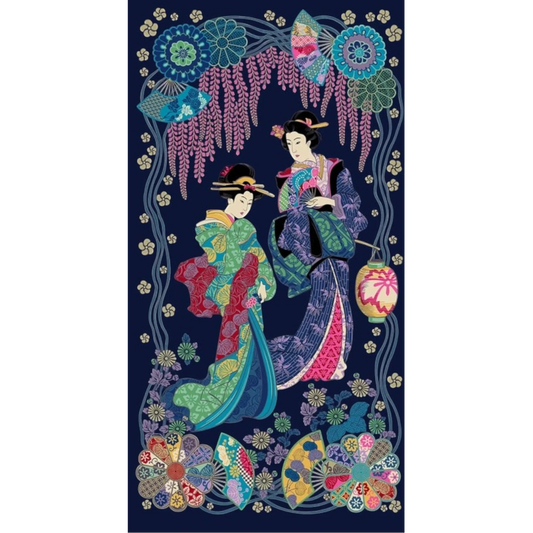 Everything Fabric Kamakura Sisters navy cotton panel featuring women in kimonos with metallic wisteria and floral art.